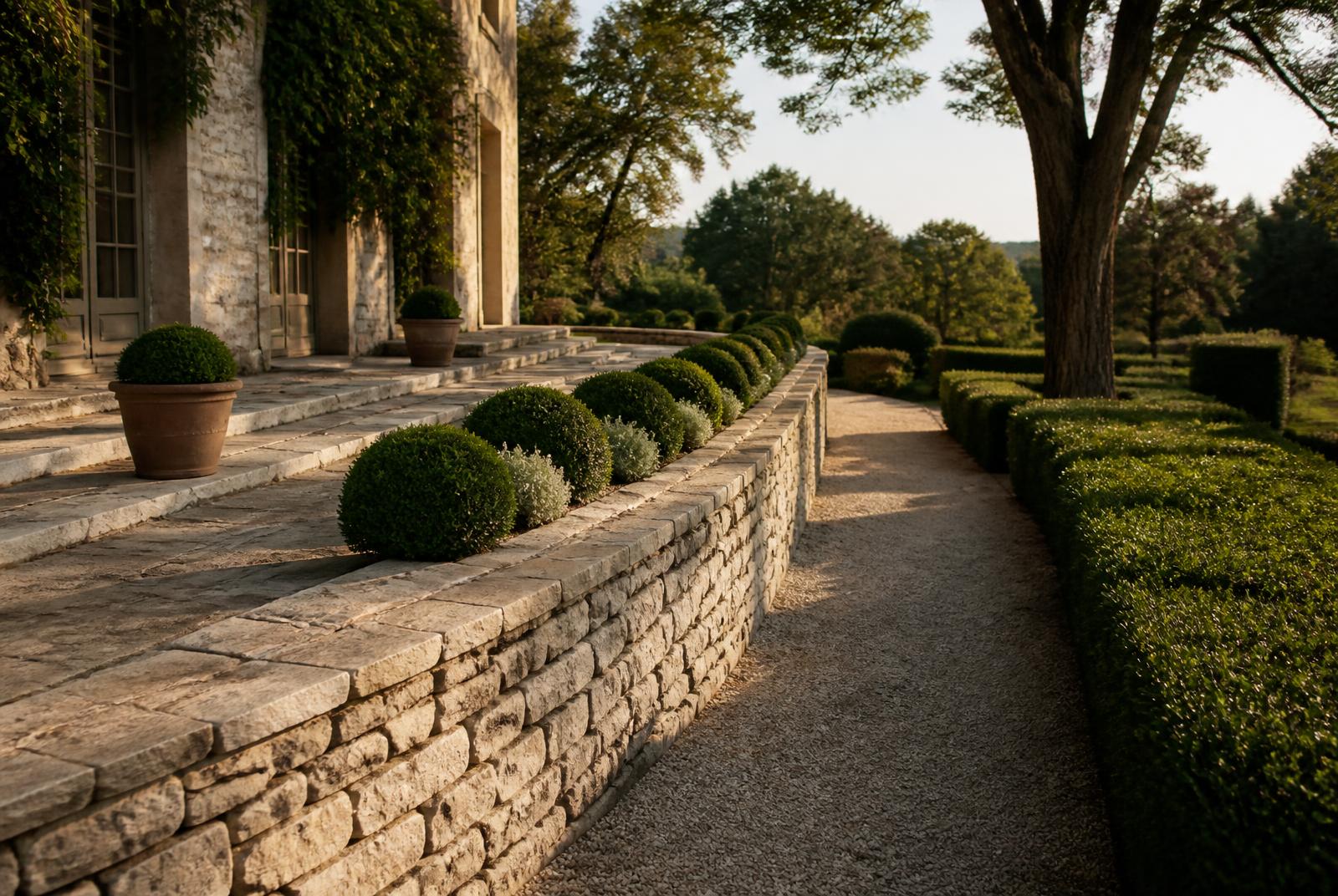 Hand-set stone terrace and steps on estate grounds in warm afternoon light