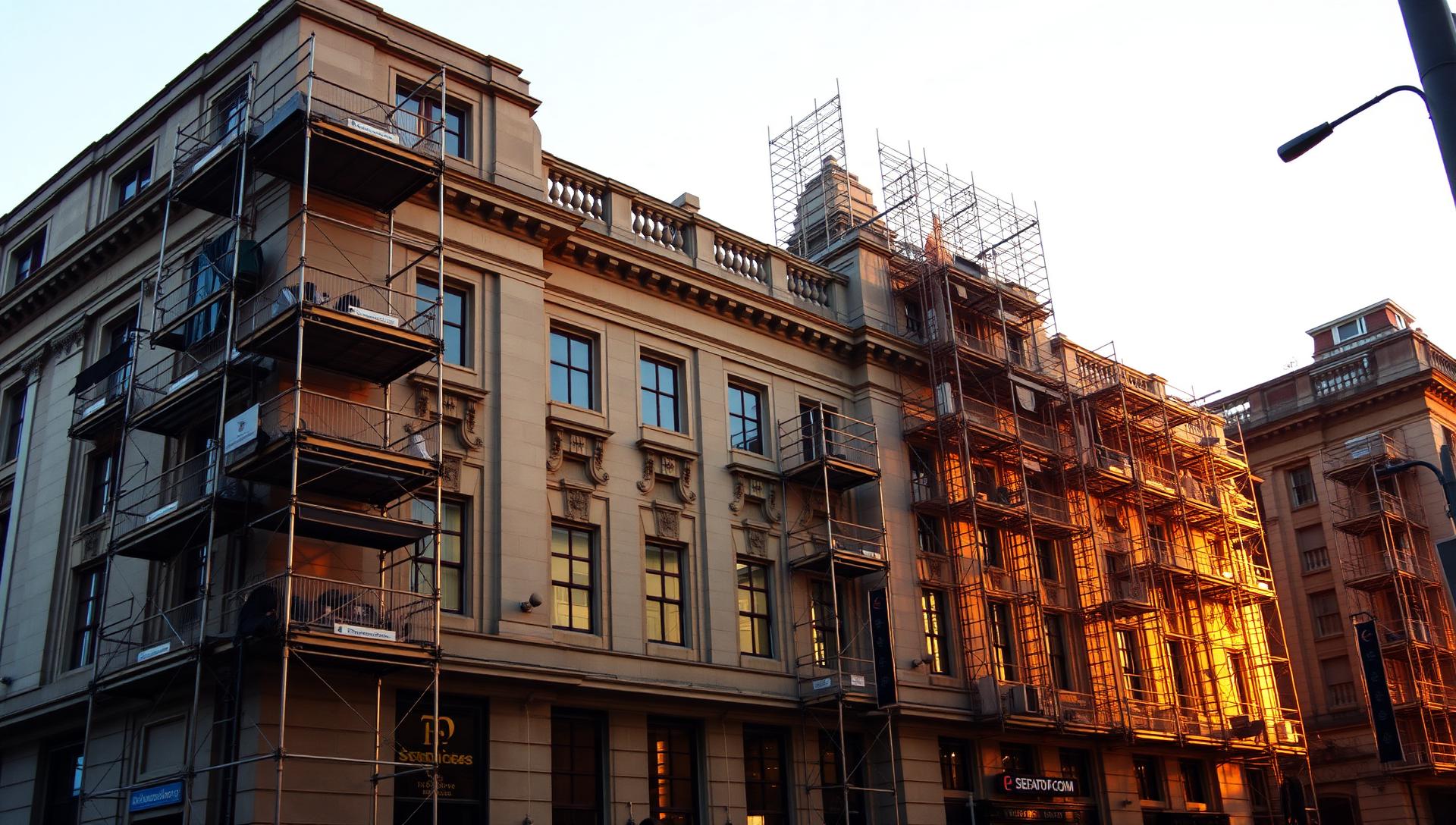 Scaffolding set against a masonry facade for sealant and coating work