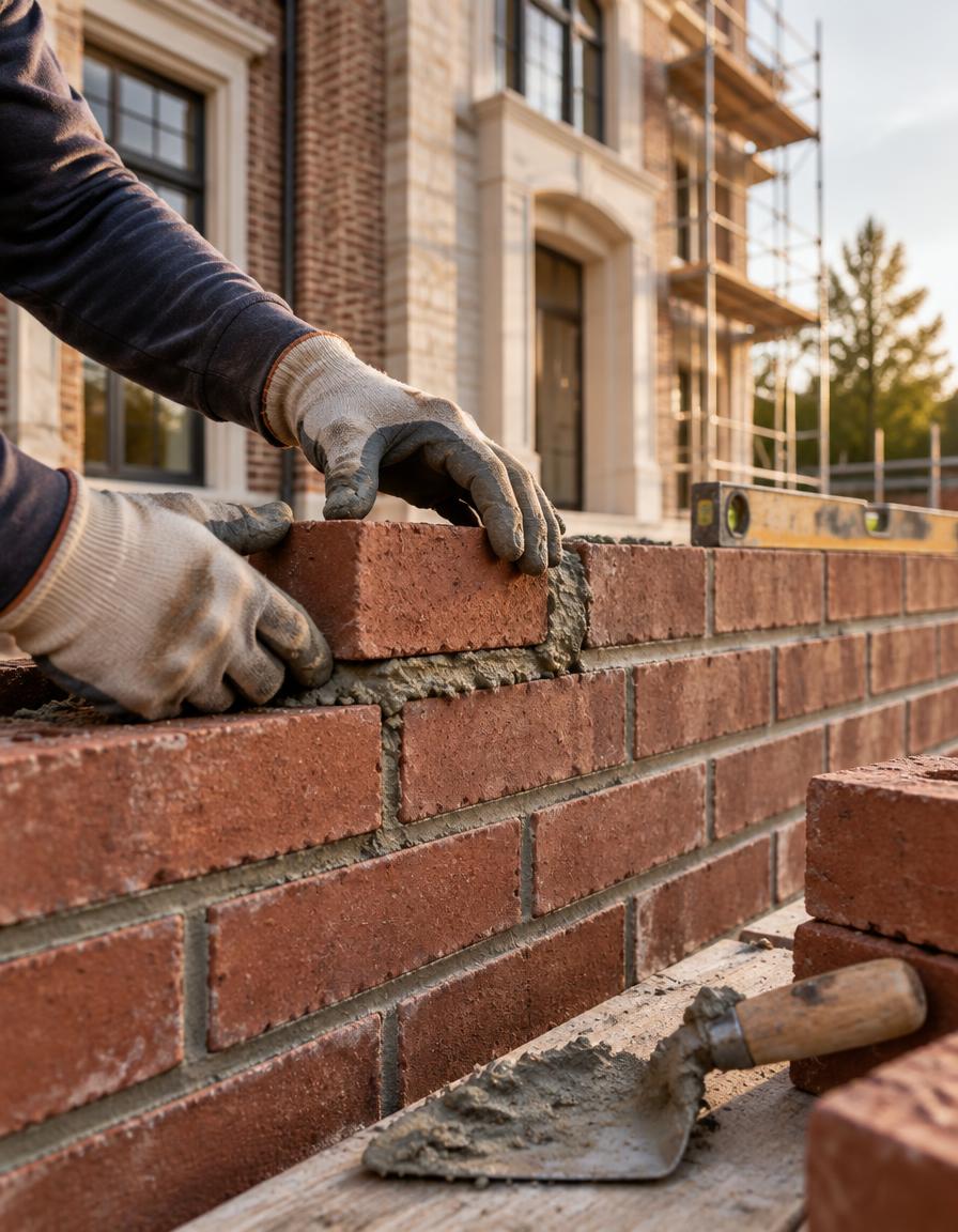 A bricklayer setting new red brick into fresh mortar on the facade of a new luxury home