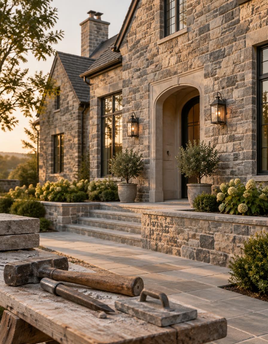 A newly built luxury home with a natural full-bed stone facade at golden hour