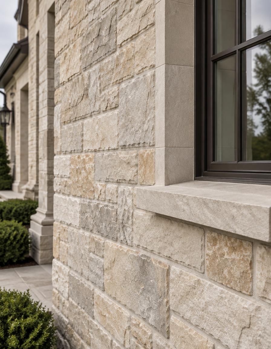 Natural stone facade on a new luxury home with a stone window sill